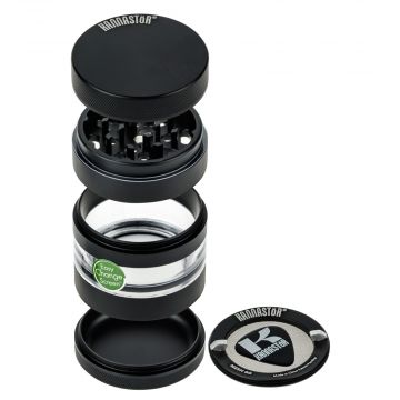 Kannastör 2.2 inch Aluminium 4-part Grinder | Black with Clear Jar - Disassembled 