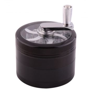 Crank Herb Grinder with Pollen Screen and Magnetic Window Lid | 50mm | Black