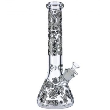 Glass Beaker Ice Bong with Tribal Drummer Print | 14 Inch - Side View 1