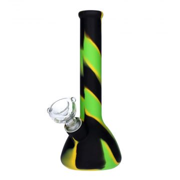 Silicone Beaker Bong with Glass Downstem and Bowl | 8.5 Inch | Black/Green/Yellow | side view 1